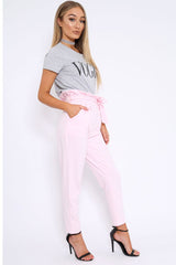 Baby Pink Paper Bag Tie Waist Cigarette Trousers - Karmen-Trousers