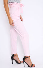 Baby Pink Paper Bag Tie Waist Cigarette Trousers - Karmen-Trousers