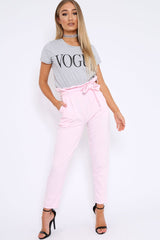 Baby Pink Paper Bag Tie Waist Cigarette Trousers - Karmen-Trousers