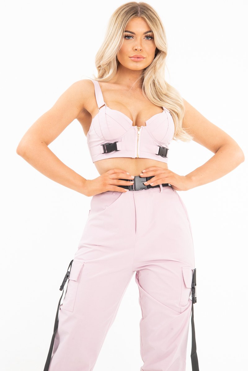 Baby Pink Utility Buckle Bralet and Trouser Set - Aaira-Bralets