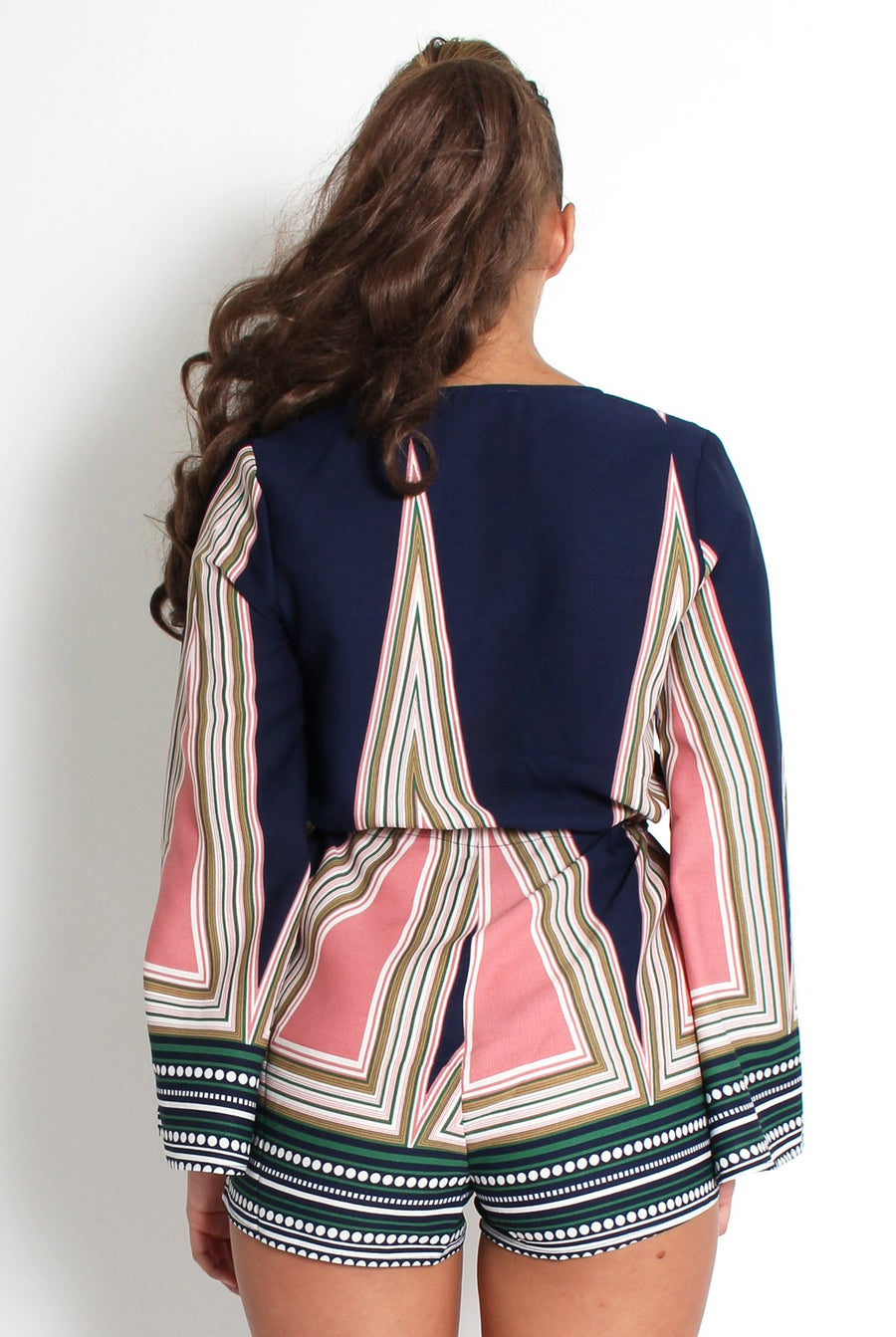 Baylee Blue Abstract Bell Sleeve Playsuit-Playsuits