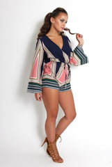 Baylee Blue Abstract Bell Sleeve Playsuit-Playsuits
