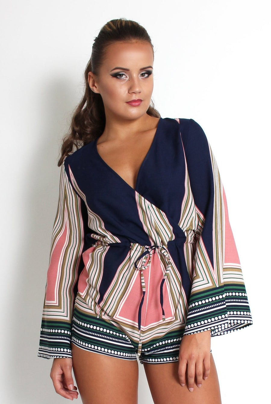 Baylee Blue Abstract Bell Sleeve Playsuit-Playsuits