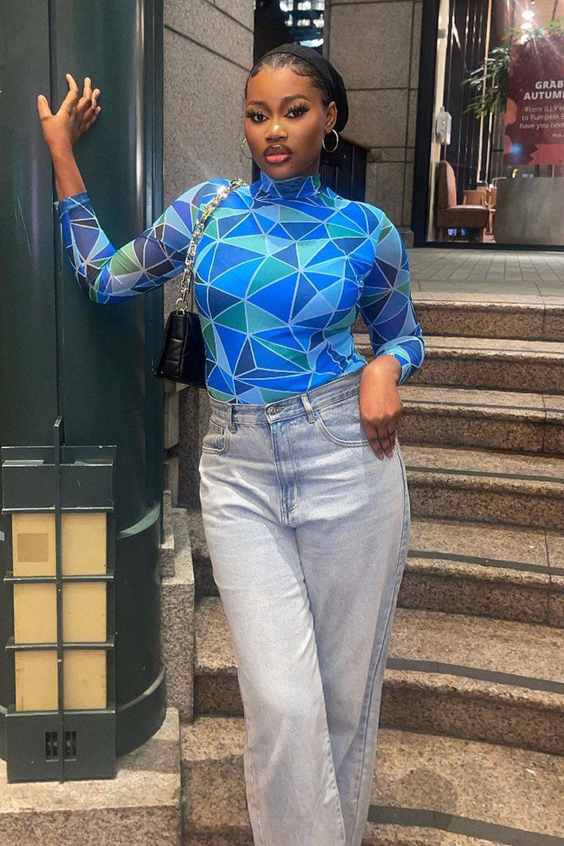 Blue Geometric Pattern Mesh Bodysuit - Bee