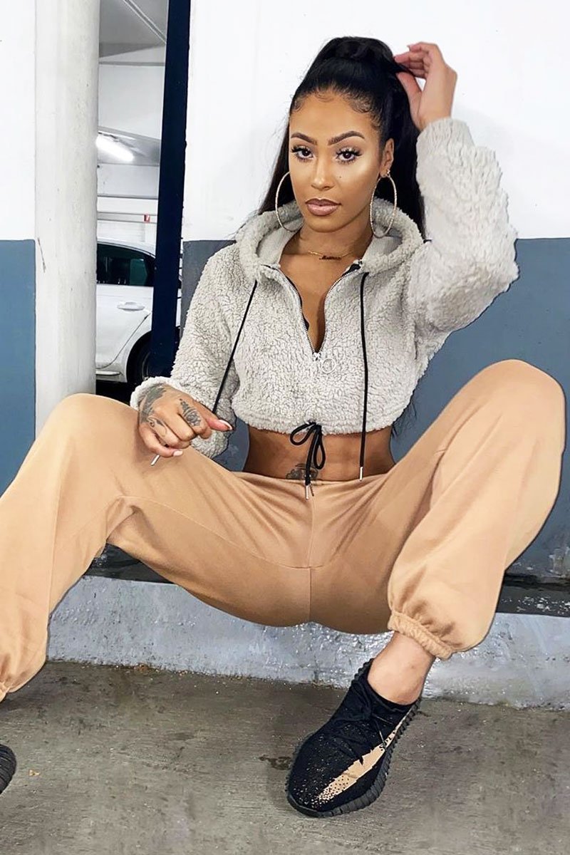 Beige 3/4 Zip Cropped Teddy Jumper - Ethelyn-Jumper