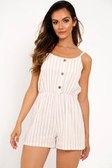 Beige And White Stripe Button Front Playsuit - Aaryn-Playsuits