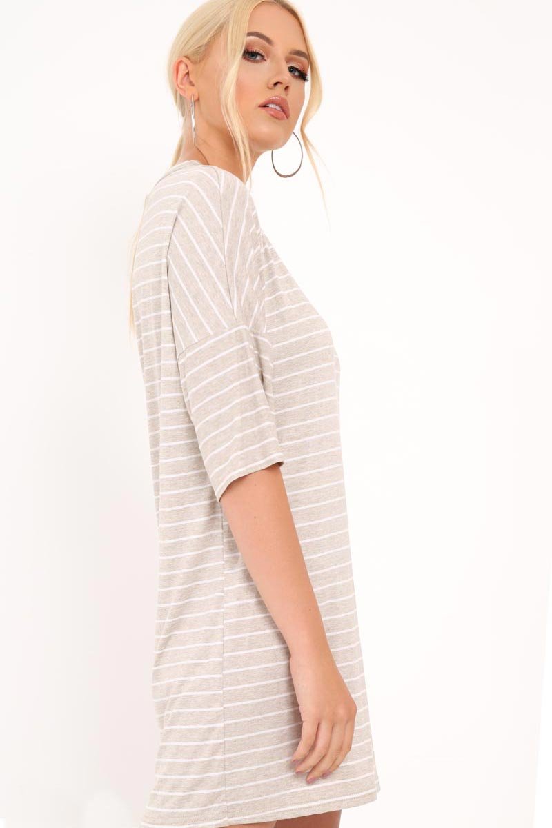 Beige And White Stripe T-Shirt Dress - Addaly-Dresses