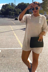 Beige And White Stripe T-Shirt Dress - Addaly-Dresses