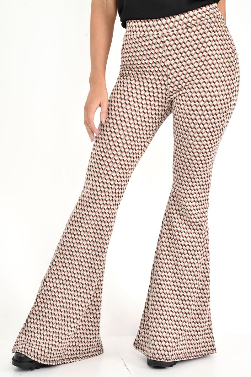 Beige Aztec High Waisted Flared Trousers - Kamryn-Trousers