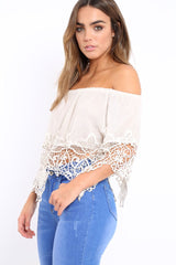 Beige Bardot Crochet Top - Liv-Tops