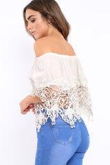 Beige Bardot Crochet Top - Liv-Tops