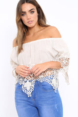 Beige Bardot Crochet Top - Liv-Tops
