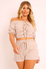 Beige Bardot Crop and Shorts Loungewear Co-ord - Jahari-Co-ords