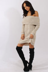 Beige Bardot Heavy Knit Jumper Dress - Suzy-Jumper