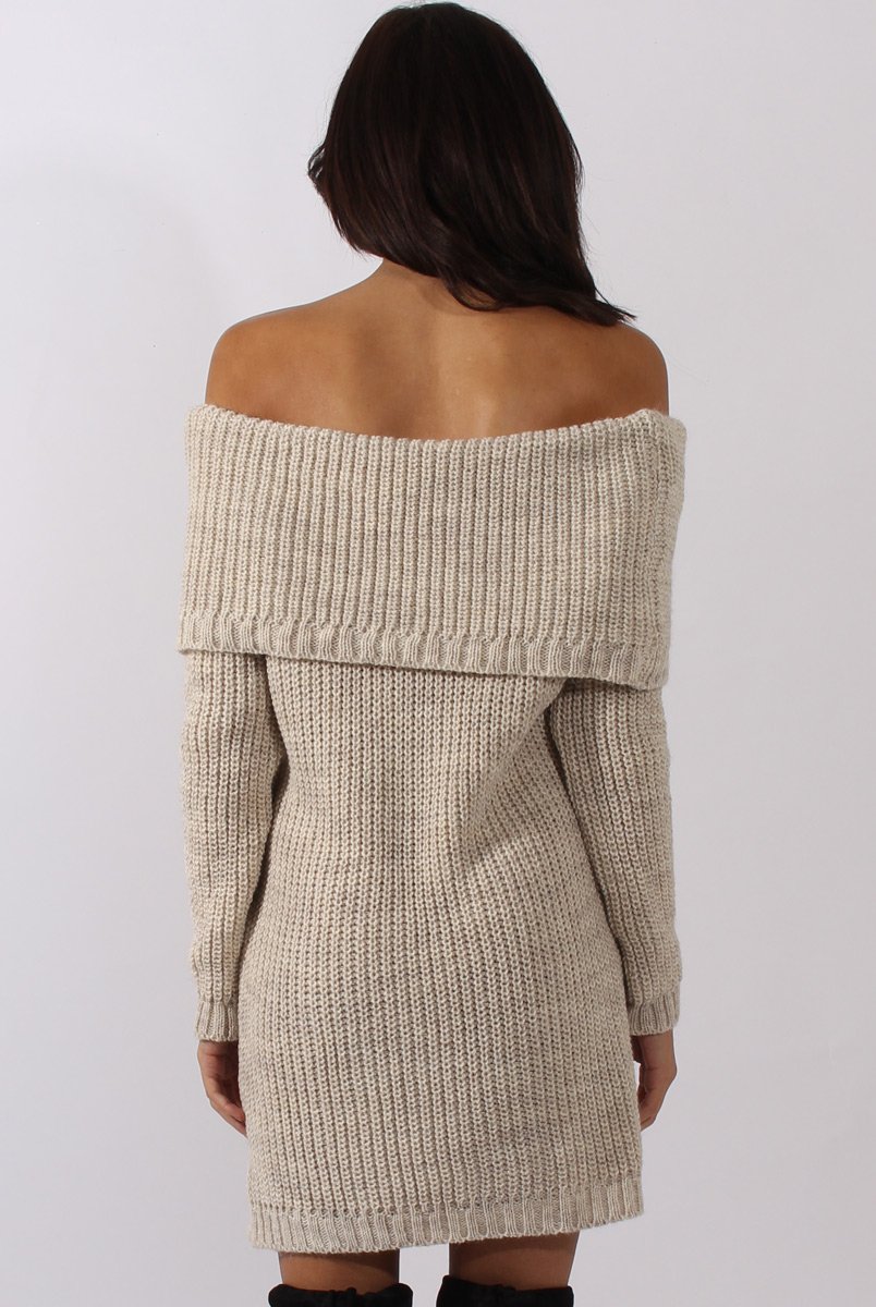 Beige Bardot Heavy Knit Jumper Dress - Suzy-Jumper