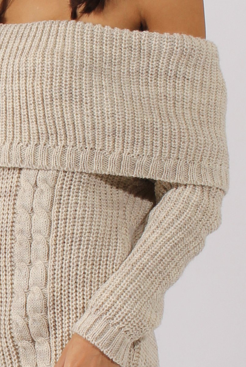 Beige Bardot Heavy Knit Jumper Dress - Suzy-Jumper