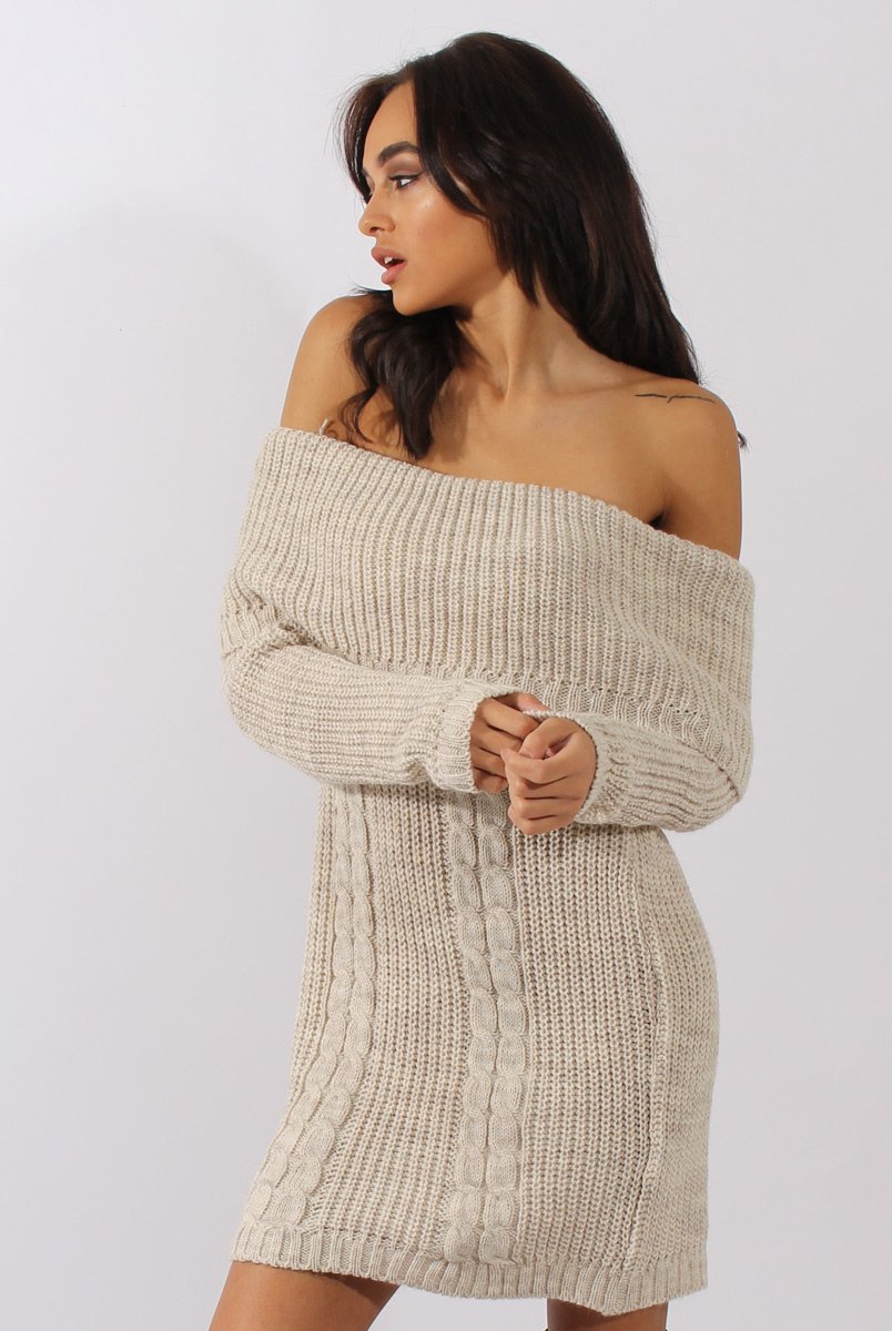 Beige Bardot Heavy Knit Jumper Dress Suzy