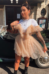 Beige Bardot Off Shoulder Tulle Ruffle Dress - Aarilyn-Dresses