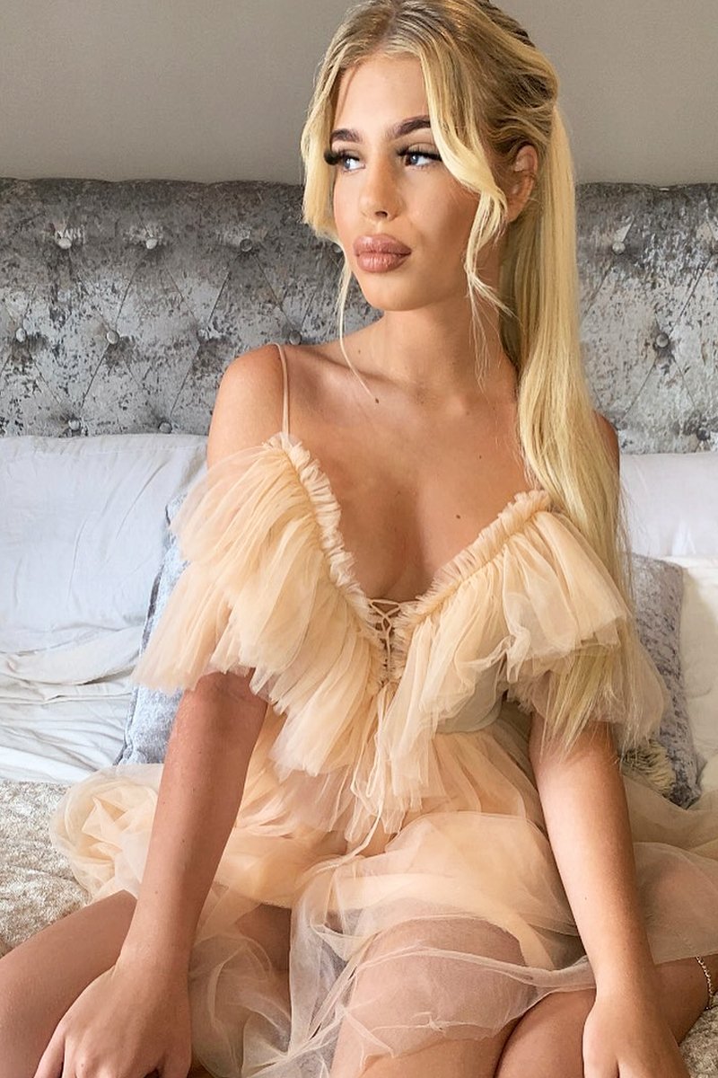 Beige Bardot Off Shoulder Tulle Ruffle Dress - Aarilyn-Dresses