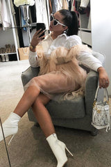 Beige Bardot Off Shoulder Tulle Ruffle Dress - Aarilyn-Dresses