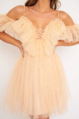 Beige Bardot Off Shoulder Tulle Ruffle Dress - Aarilyn-Dresses