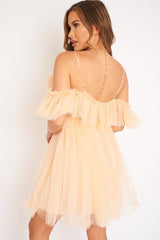 Beige Bardot Off Shoulder Tulle Ruffle Dress - Aarilyn-Dresses