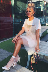 Beige Bardot Off Shoulder Tulle Ruffle Dress - Aarilyn-Dresses