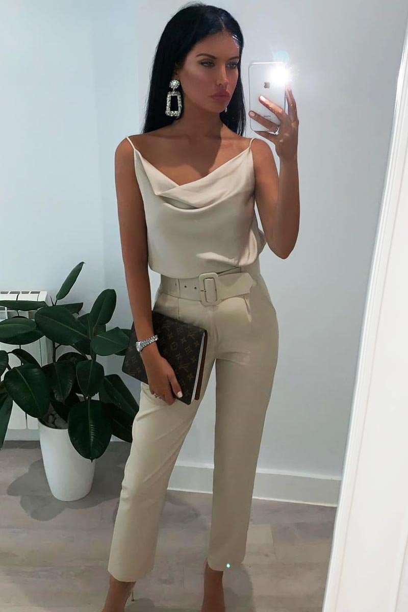 Beige Belted Tapered Peg Trousers - Jessika-Trousers