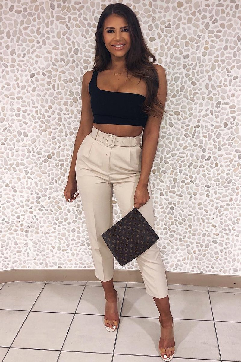 Beige Belted Tapered Peg Trousers - Jessika-Trousers