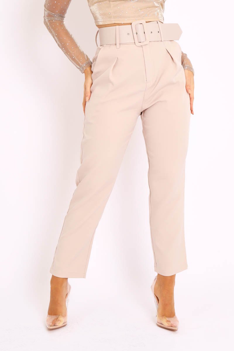 Beige Belted Tapered Peg Trousers - Jessika-Trousers