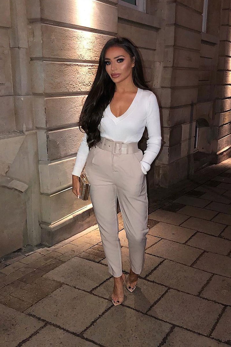 Beige Belted Tapered Peg Trousers - Jessika-Trousers