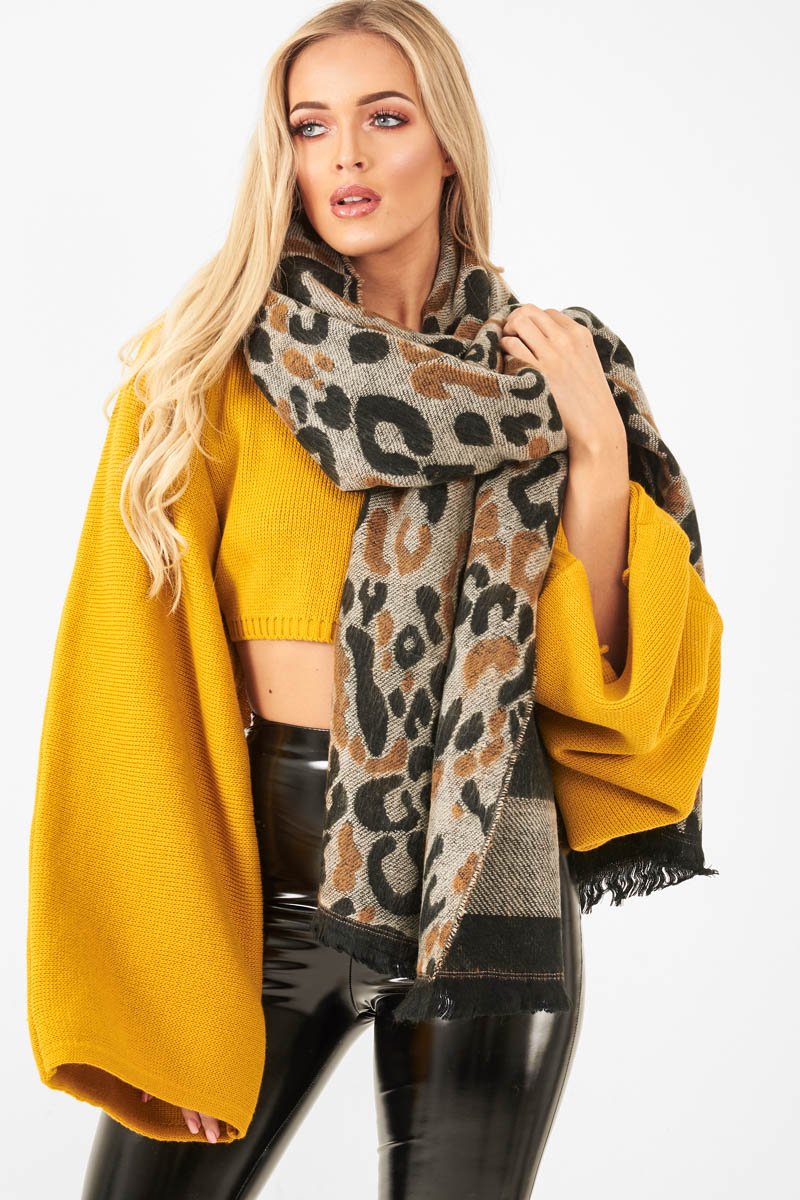 Beige Black Leopard Print Knit Scarf - Addelyn-Accessories