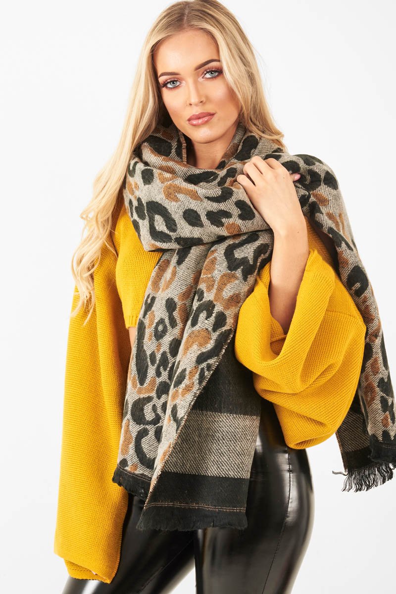 Beige Black Leopard Print Knit Scarf - Addelyn-Accessories