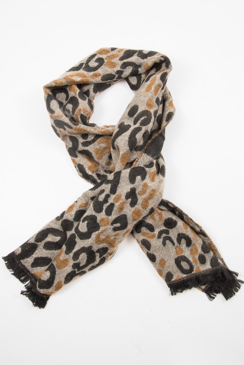 Beige Black Leopard Print Knit Scarf - Addelyn-Accessories