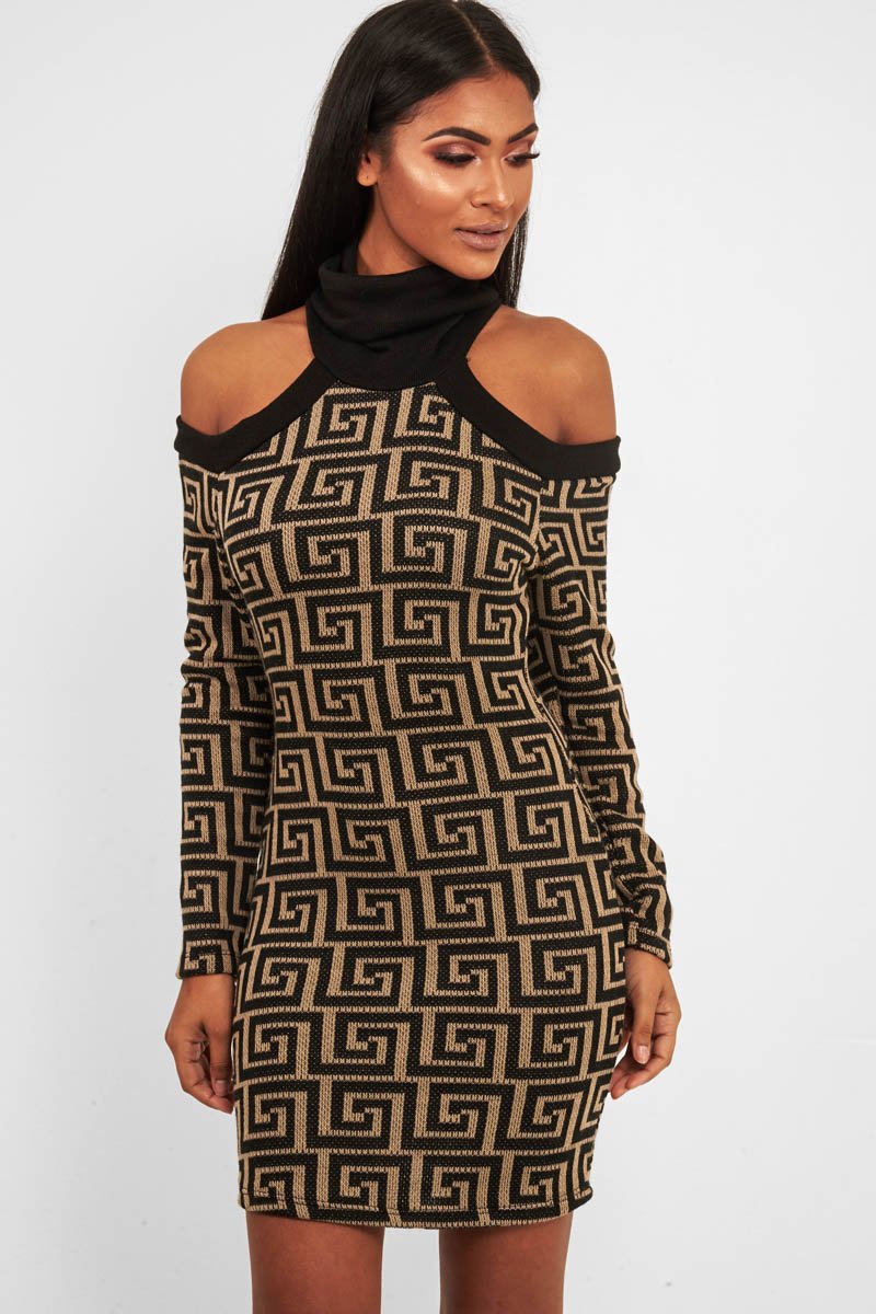 Beige Black Repeat Pattern Cold Shoulder Dress - Donya-Dresses