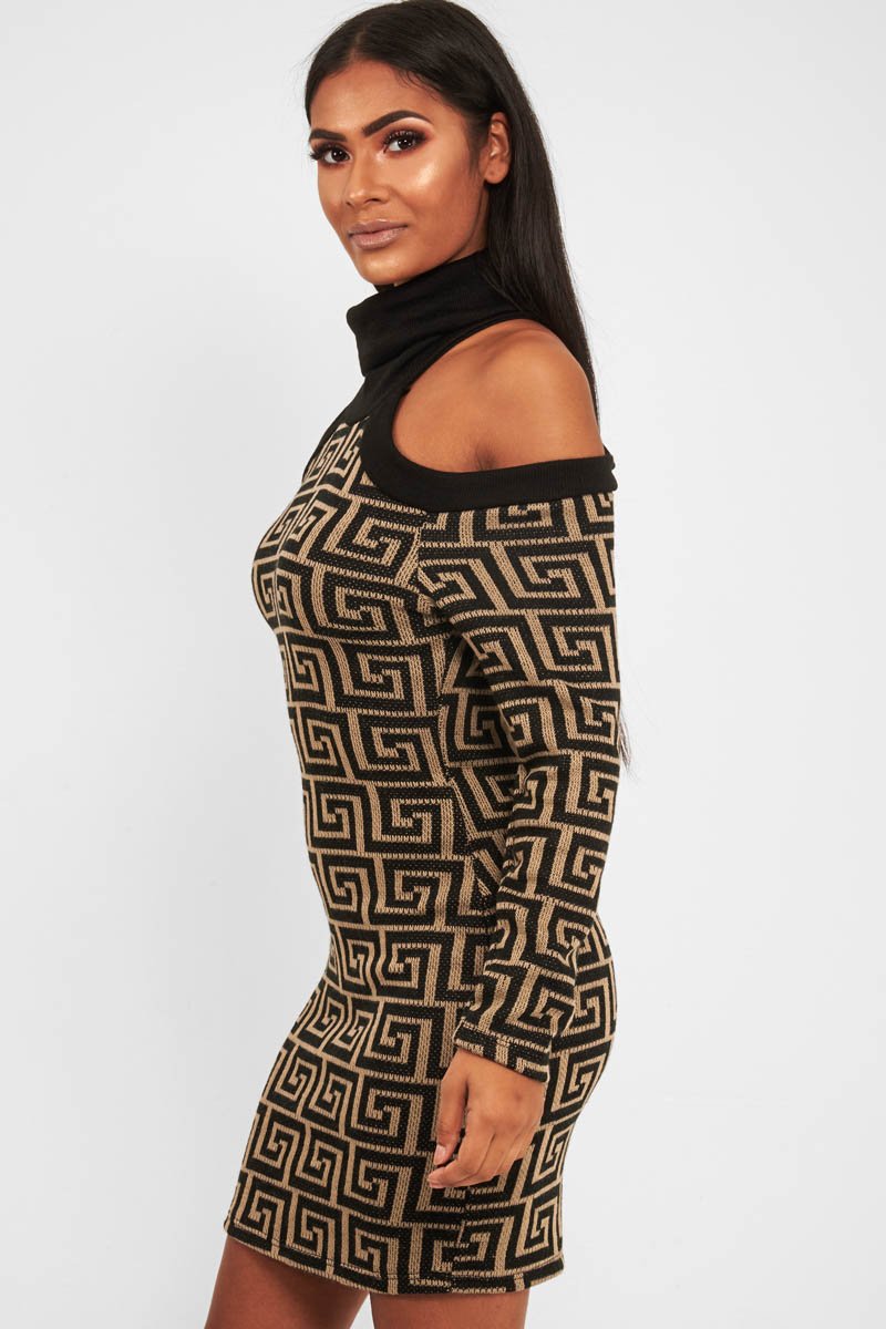 Beige Black Repeat Pattern Cold Shoulder Dress - Donya-Dresses