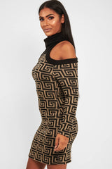 Beige Black Repeat Pattern Cold Shoulder Dress - Donya-Dresses