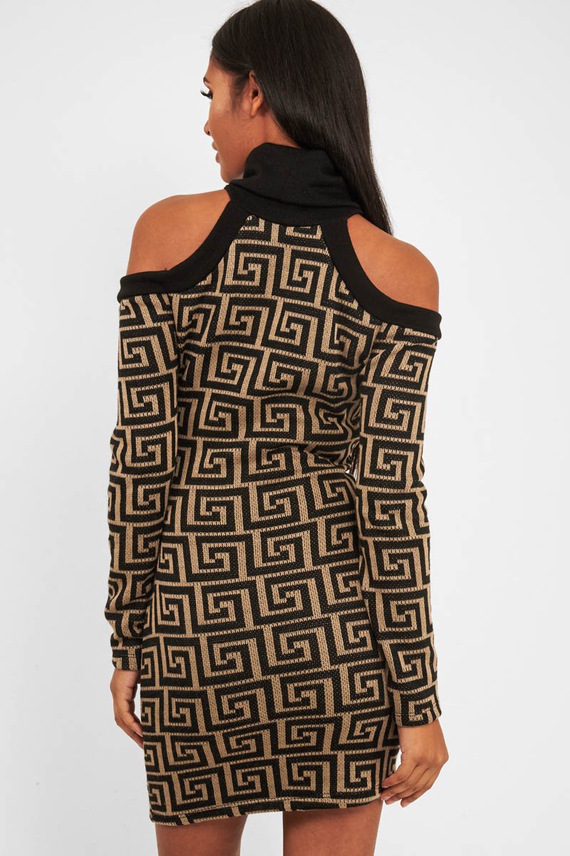 Beige Black Repeat Pattern Cold Shoulder Dress - Donya-Dresses