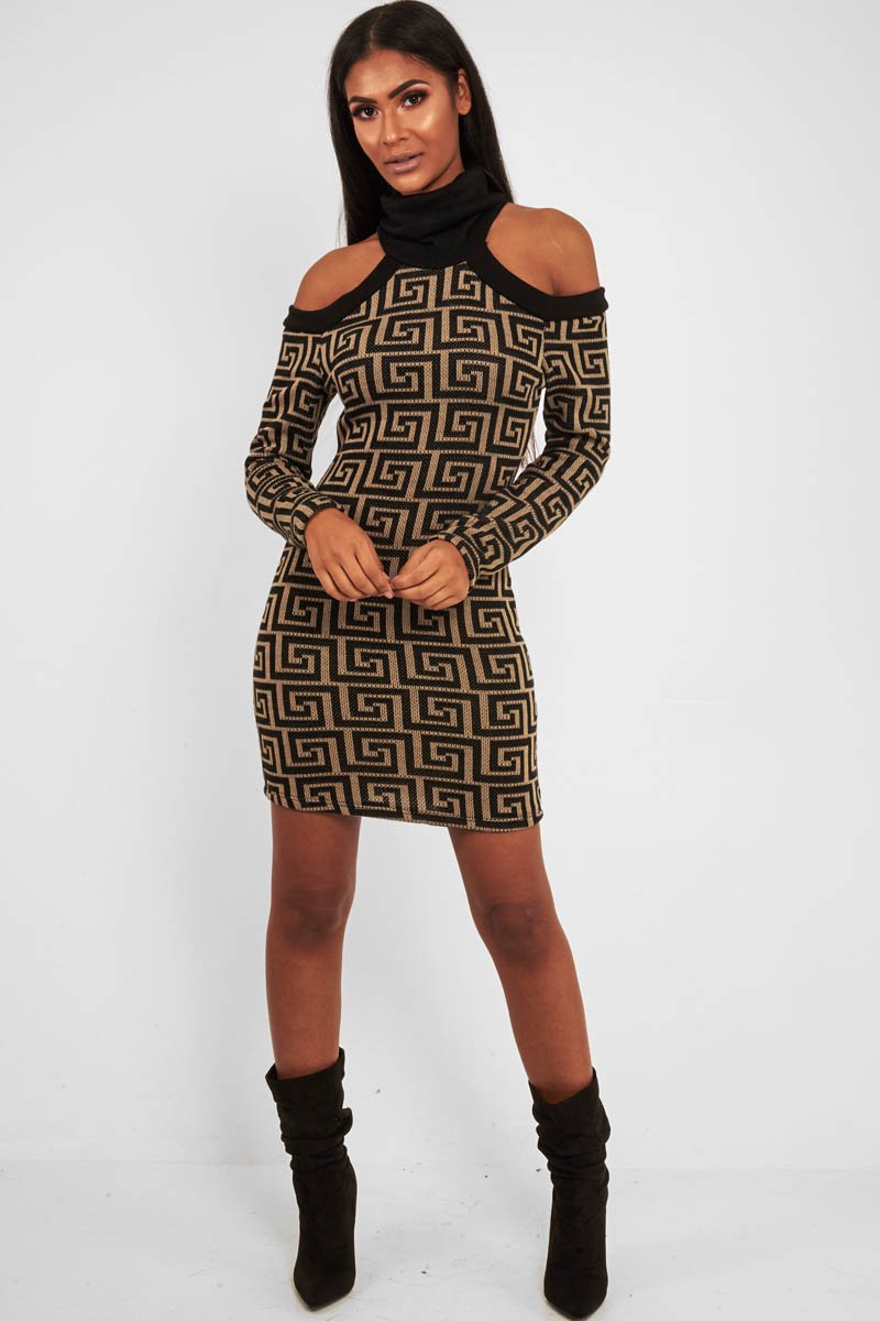 Beige Black Repeat Pattern Cold Shoulder Dress - Donya-Dresses