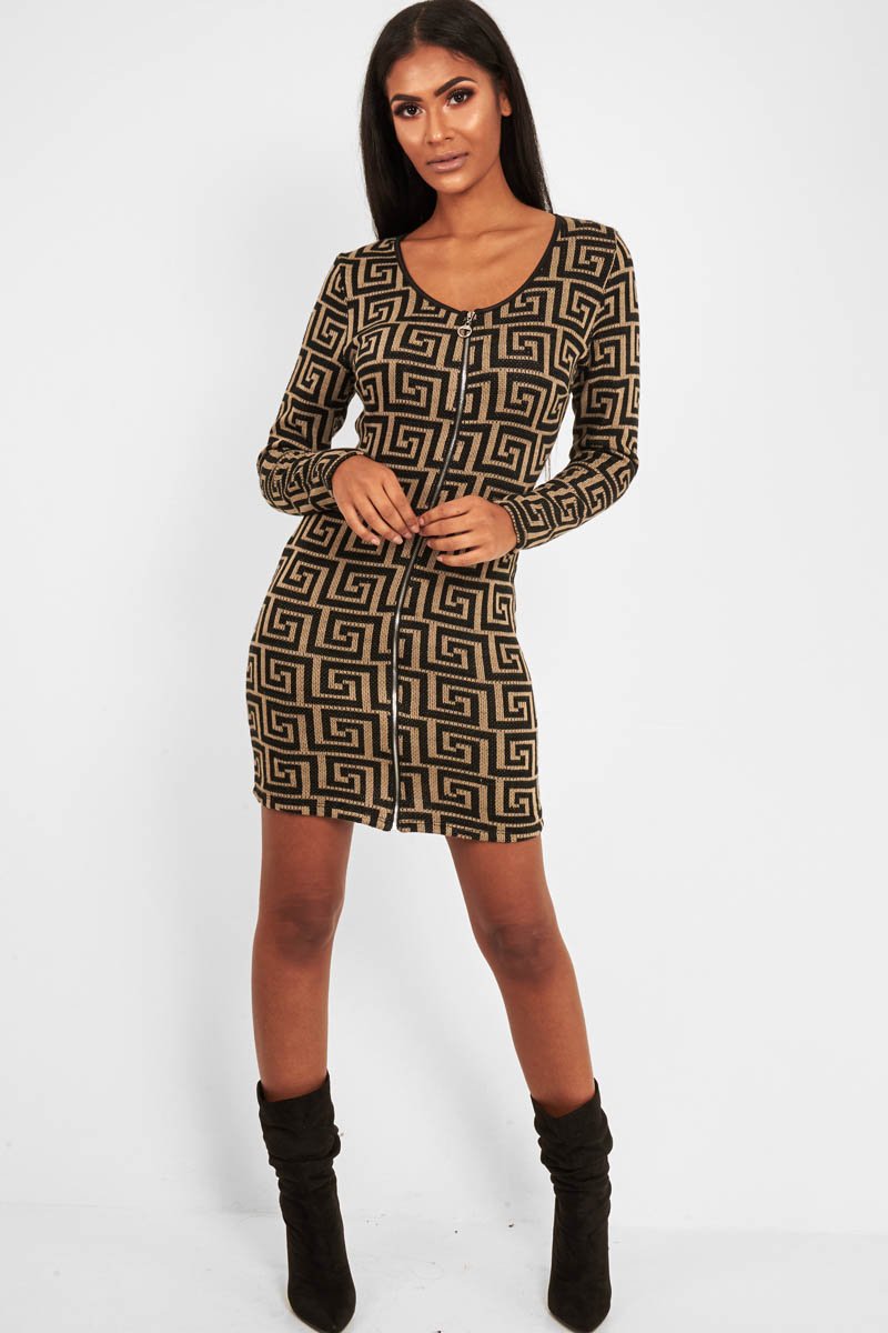 Beige Black Repeat Pattern Knit Dress - Lauralie Rebellious Fashion Beige Black Repeat Pattern Knit Dress - Lauralie Rebellious Fashion