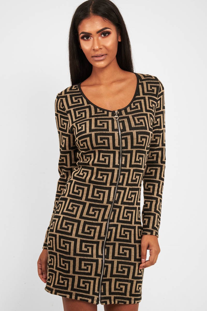 Beige Black Repeat Pattern Knit Dress - Lauralie-Dresses