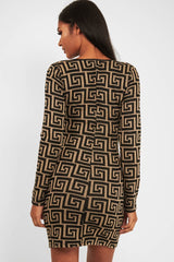 Beige Black Repeat Pattern Knit Dress - Lauralie-Dresses