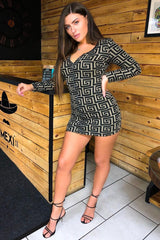 Beige Black Repeat Pattern Knit Dress - Lauralie-Dresses