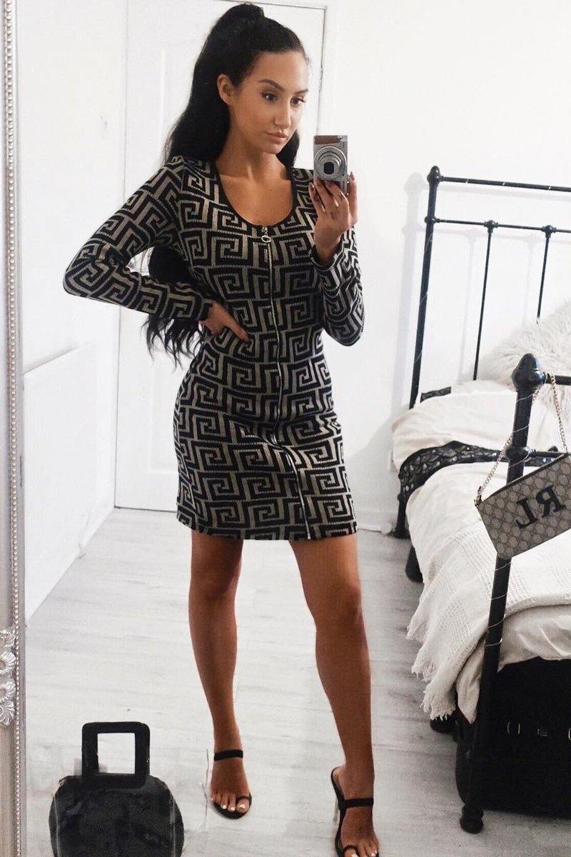 Beige Black Repeat Pattern Knit Dress - Lauralie-Dresses