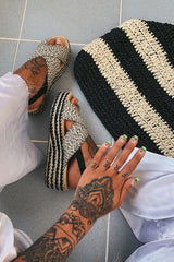 Beige Black Woven Slingback Flatform Wedges - Tatiana-Wedges