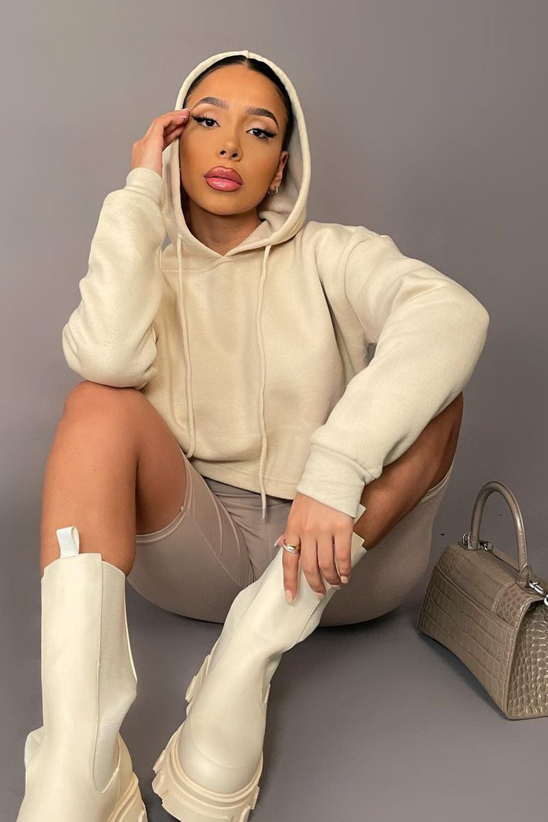 Beige Box Fit Cropped Hoodie - Neala-Hoodies