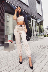Beige Buckle Cargo Pant Crop Top Co-Ord - Kahri-Co-ords