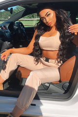 Beige Buckle Cargo Pant Crop Top Co-Ord - Kahri-Co-ords