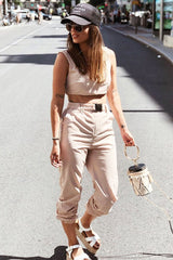 Beige Buckle Cargo Pant Crop Top Co-Ord - Kahri-Co-ords