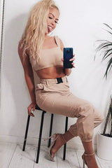 Beige Buckle Cargo Pant Crop Top Co-Ord - Kahri-Co-ords